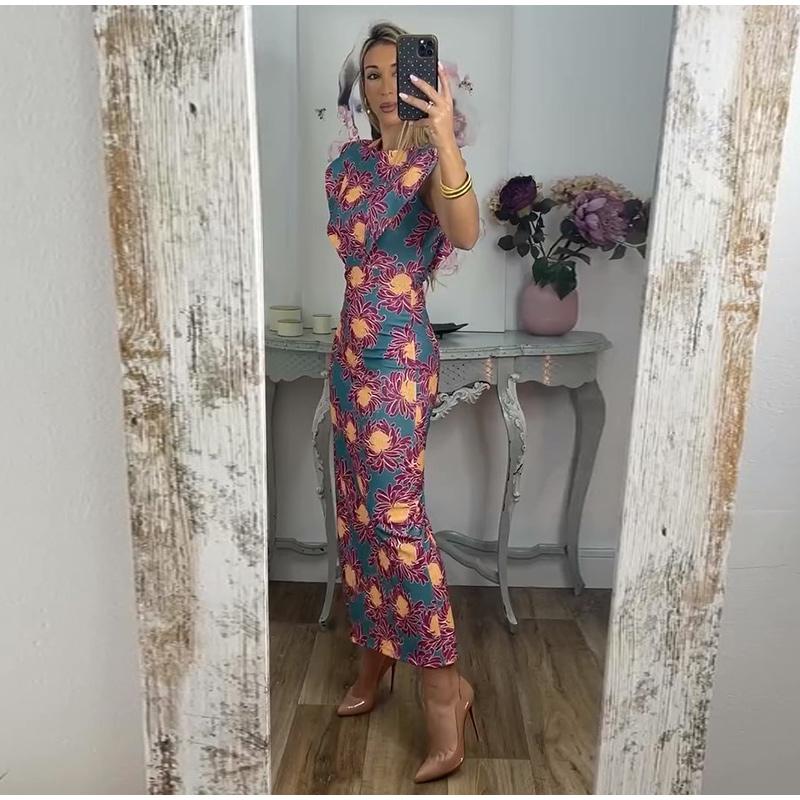 Kadın 2025 ilkbahar/yaz yeni mizaç bel baskılı uzun elbise