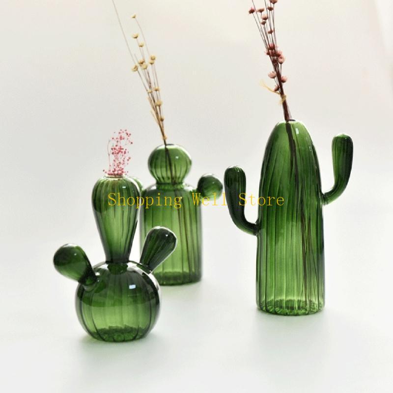 KX4B Cactus Shaped Flower Vase Glass Pen Bottle Flower Arrangement Home Decorations