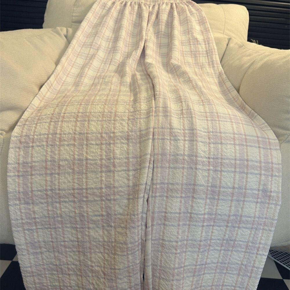 Loose Casual Long Pants Women Chic Wide Leg Pants Plaid Straight Leg Pants Indoor Outdoor