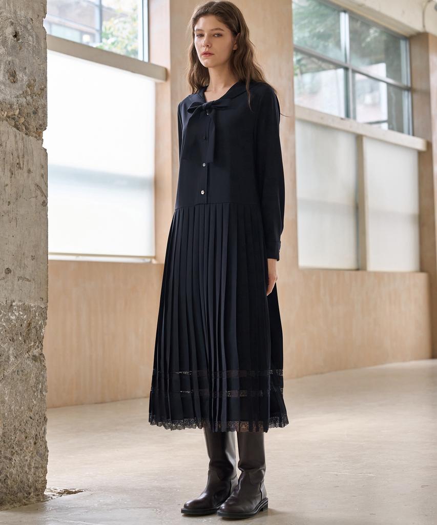 Mite Sailor Ribbon Lace Pleats Dress_Navy