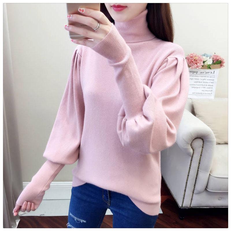 Damtröja med polokrage Varm Vinter Lös Plusstorlek Lyktärmar Stickad Tröja