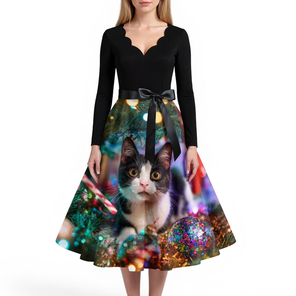 Women's Casual And Fashionable V-neck Long-sleeved Christmas Printed Dress