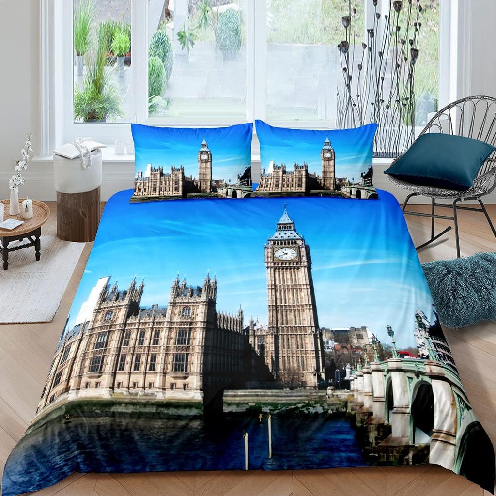 London Duvet Cover Set Queen Size Telephone Booth Big Ben Bus Print Bedding Set 3pcs,Modern City Quilt Cover with 2 Pillowcases