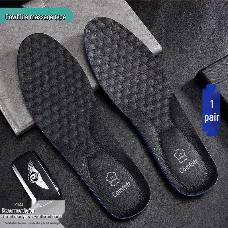 Men's Genuine Leather Breathable Sport Insoles - Sweat-Absorbent, Odor-Resistant, Shock-Absorbing, Soft-Cowhide Sole, Deodorizing for Casual Wear
