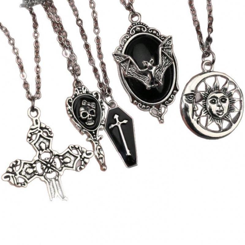 Y2K Gothic Punk Bat Gem Cross & Coffin Pendant Necklace