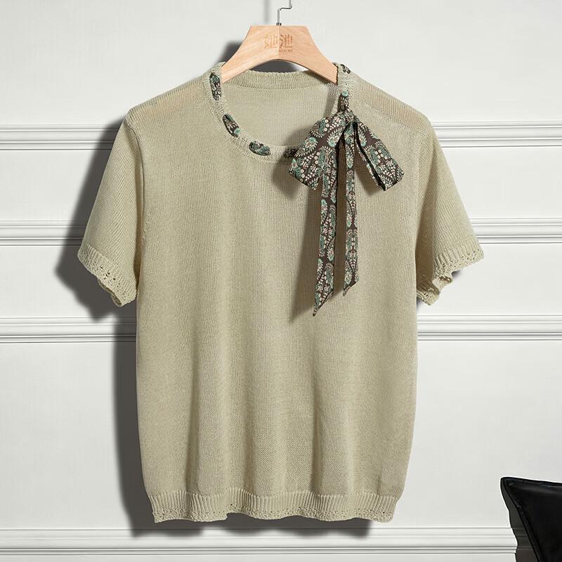 Women's French Round Neck Ice Silk Knit T-Shirt