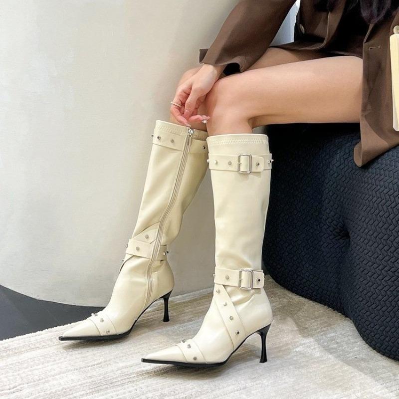 Women's Boots Fashion Stiletto Street Style Pointed Toe Rivet Belt Buckle Slimming Knee-High Boots with Zippers Women Shoes