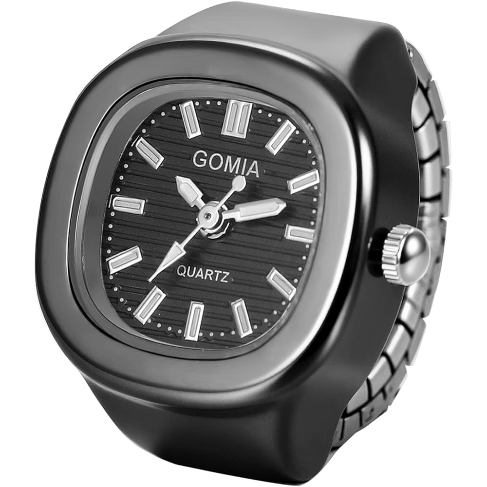 Fingerwatch Square Ring Watch Waterproof Quartz Adjustable Band Unisex Gold Black