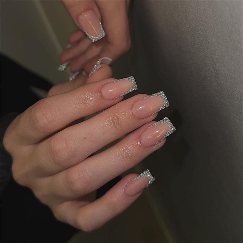 

Medium Square French Style Super Flash Fake Nails - 24 Piece Set Glue Version