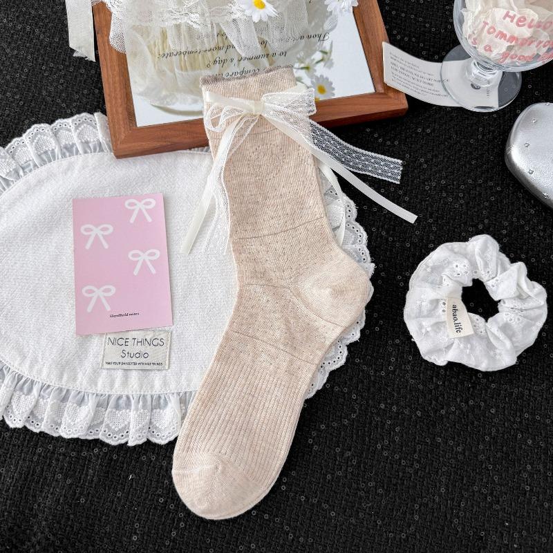 Cute Boneless Summer Thin Socks with Bow Ties. Children's Sweet Long Ribbons. Lolita Mid-calf Socks with Decorative Ties.