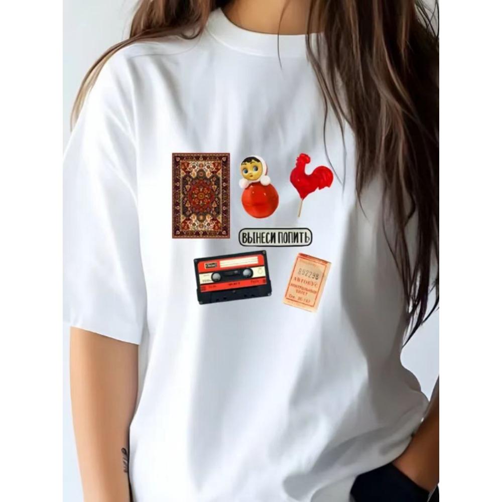 

Girl s Retro Tape Print Short-Sleeve Loose T-Shirt, Women s Retro Pattern Top XXS