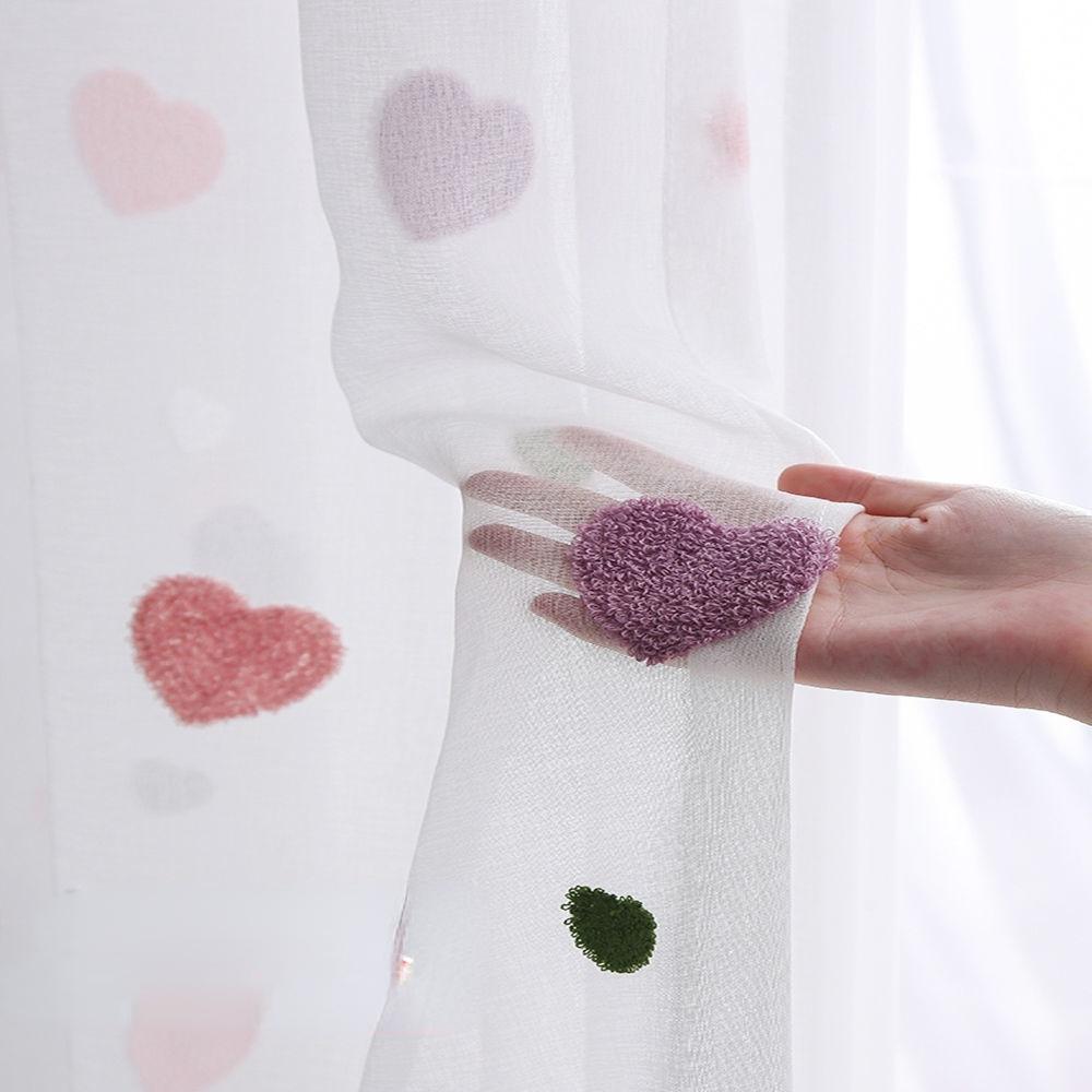 Korean Style Love Heart Embroidered Sheer Tulle Curtain for Living Room Bedroom, Cute Sweet White Transparent Window Voile Curtain for Home Decoration