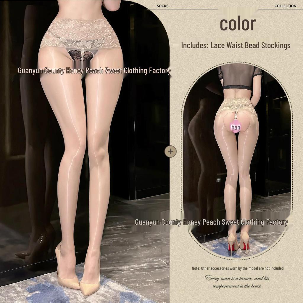 Shiny Black Pearl Lingerie Bodysuit with Lace Waist, See-Through Design, and Open Crotch.