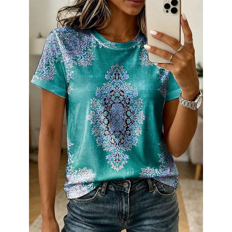 Women's T Shirt Print Graphic Paisley Vintage Stylish Classic Short Sleeve Crew Neck Regular Tops Summer Spring