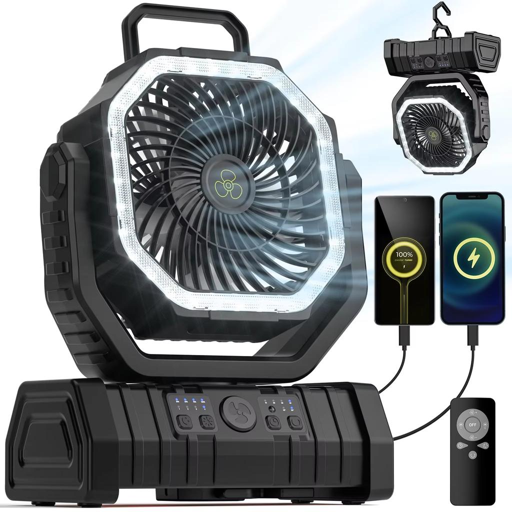 20000mAh Battery Operated Fan Portable Rechargeable Desk/Camping Fan with LED Light and Hook Outdoor Fan for Tent Car Trip