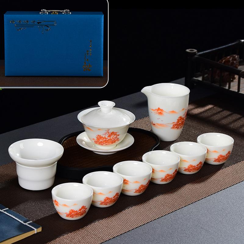 White porcelain tea set business gift cover bowl tea set gift box set suet jade porcelain high-end kung fu tea set