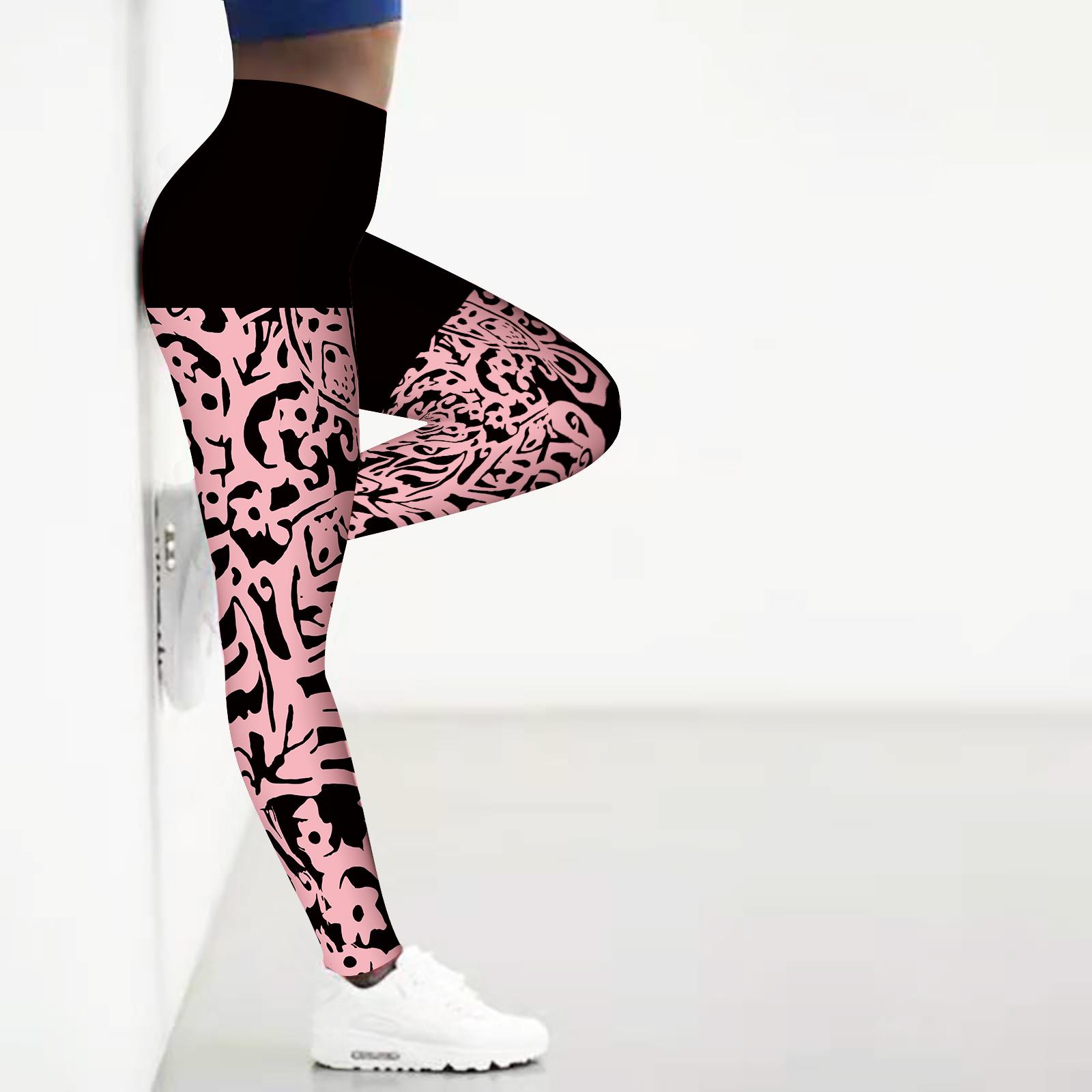 

Womens Pink Hollow Flower Prints Stretch Yoga Leggings Fitness Running Gym Sports Active Pants 8XL рожевий