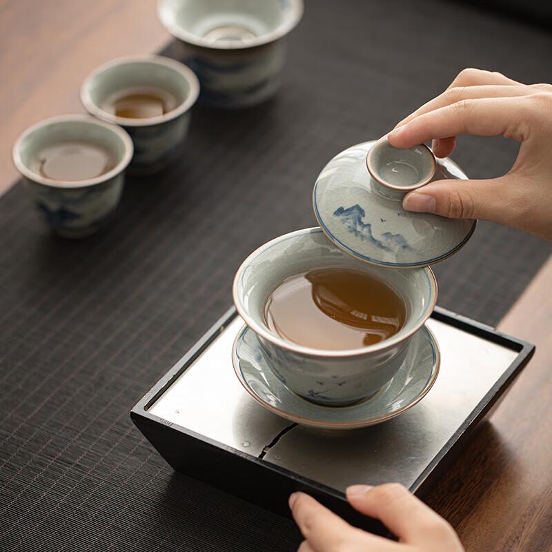 Sushi Ceramics Ru Kiln Hand-Painted Sancai Gaiwan Tea Set