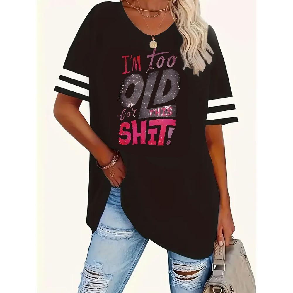

Women s Printed round Neck Short Sleeve Striped T-Shirt Ribbed Collar 1-8XL Size Range Casual Top for All Sizes M