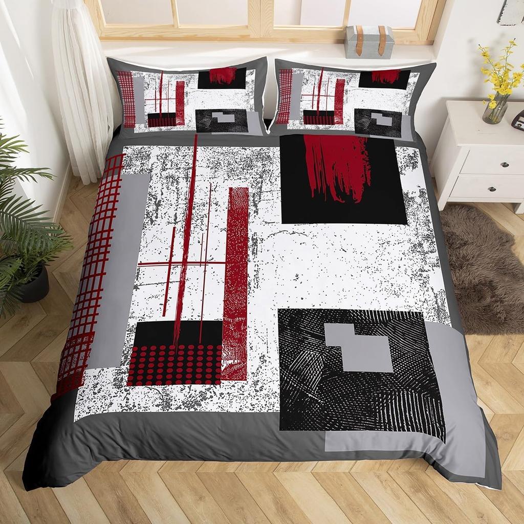 Vintage Striped Line Art Duvet Cover King Size Set Grey Black Red Orange Bedding Set Geometric Oil Painting Graffiti Decoration