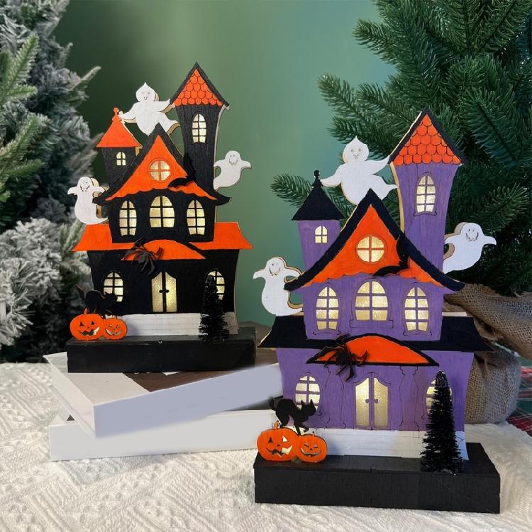 Halloween Party Wood Sign LED Lighted Ghostly Haunted Houses Decors Pumpkin Ornament with Realistic Detail Table Decors