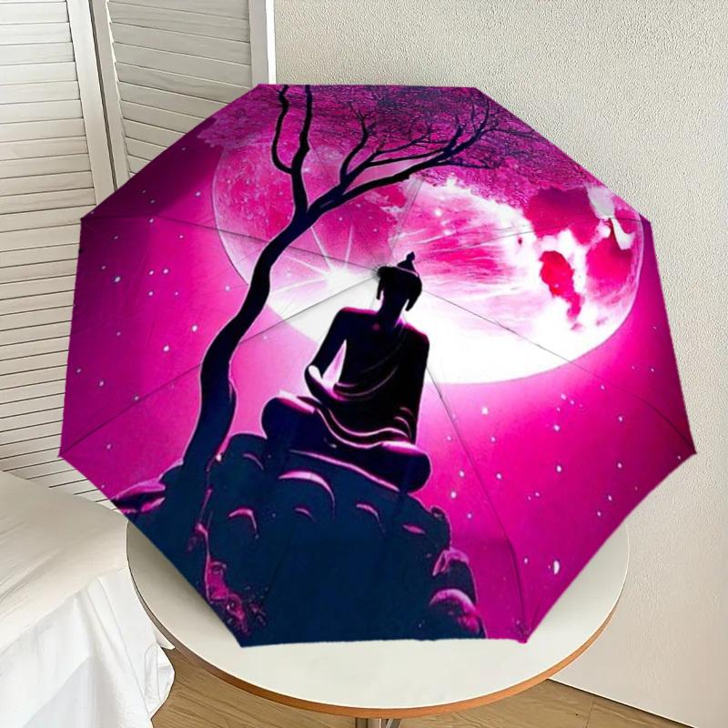 

1pc Buddha Silhouette with Pink Moon Umbrella with Plastic Handle,Suitable for All Seasons Home Travel Outdoor UmbrellaDD153