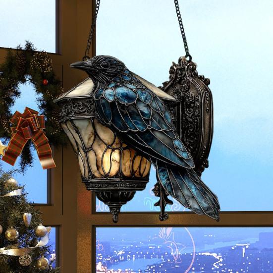 Raven On Lantern Acrylic Suncatcher Faux Stained Glass Window Wall Hanging Ornament Gothic Crow On Lamp Halloween Decor for Dark Academia Home Decor
