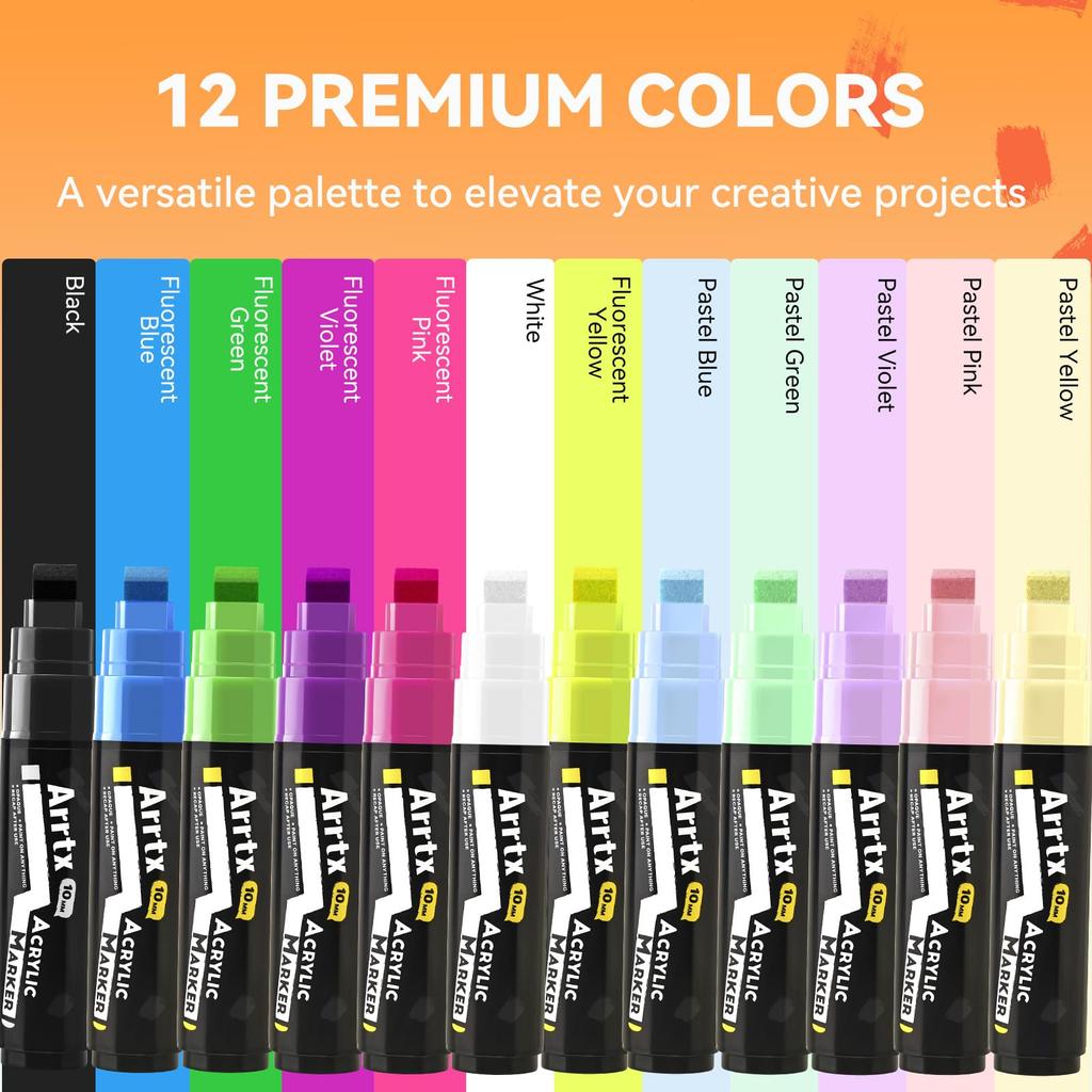 Arrtx 12 Colors Jumbo Poster 10mm Jumbo Felt Tip Acrylic Paint Markers and Paint Pens for Rock Outdoor DIY Crafts Markers, Oil-Based Painting,