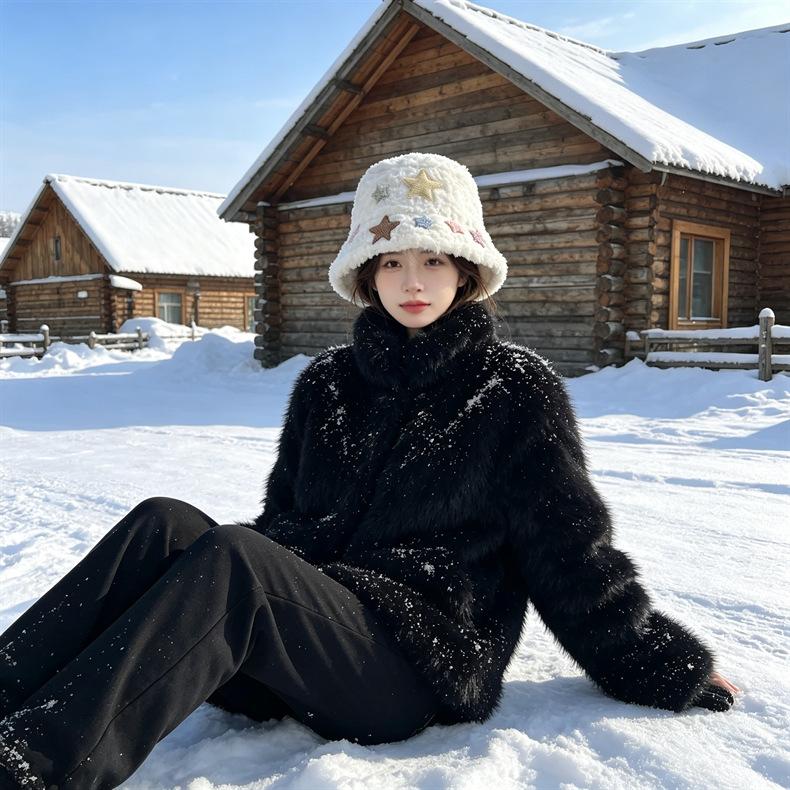 Women Thickened Warm Ear Protection Faux Fur Wide Brim Adjustable Fisherman Bucket Hat
