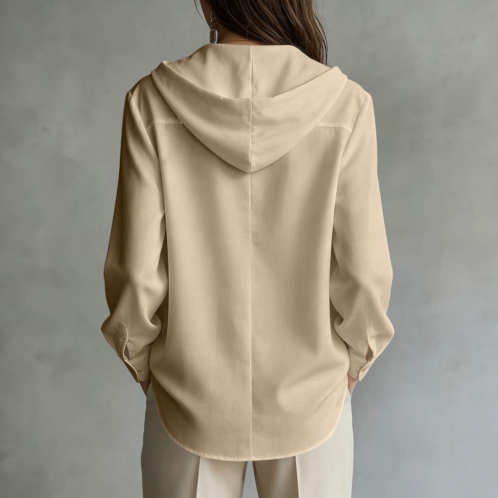Women's Casual Long Sleeve Hooded Shirt with Drawstring, Wooden Buttons and Patch Pockets - Loose Fit