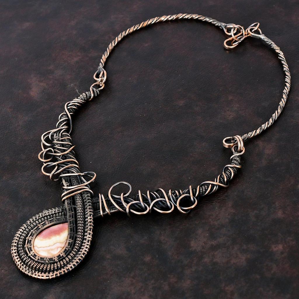 Rhodochrosite Necklace Copper Wire Wrapped Adjustable Necklace Copper Jewelry Handmade Necklace Rhodochrosite Gemstone Jewelry Gift For Mom