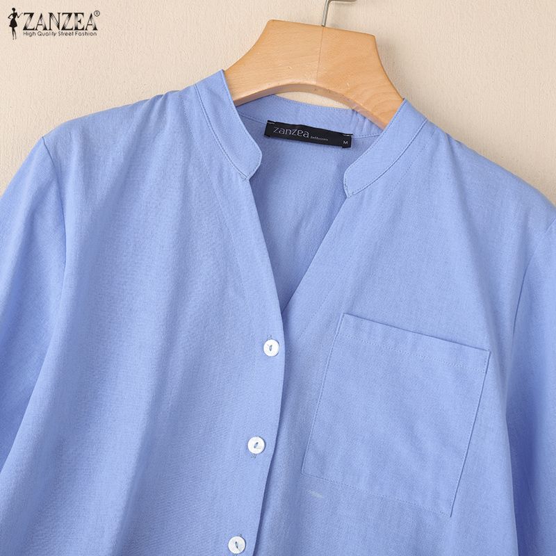 ZANZEA Women Casual V-Neck Solid Color Loose 3/4 Sleeve Cotton Blouse