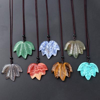 1Pc Reiki Healing Crystal Necklace Pendant Maple Leaf Shape Natural Stone Quartz Agate Gemstone Chain Necklaces for Women Jewelry 43x50mm