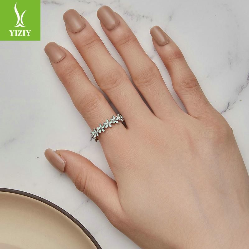 Spring Blue And Green Flower Ring, Light Luxury Small Fresh Flower 925 Sterling Silver Ring Jewelry.
