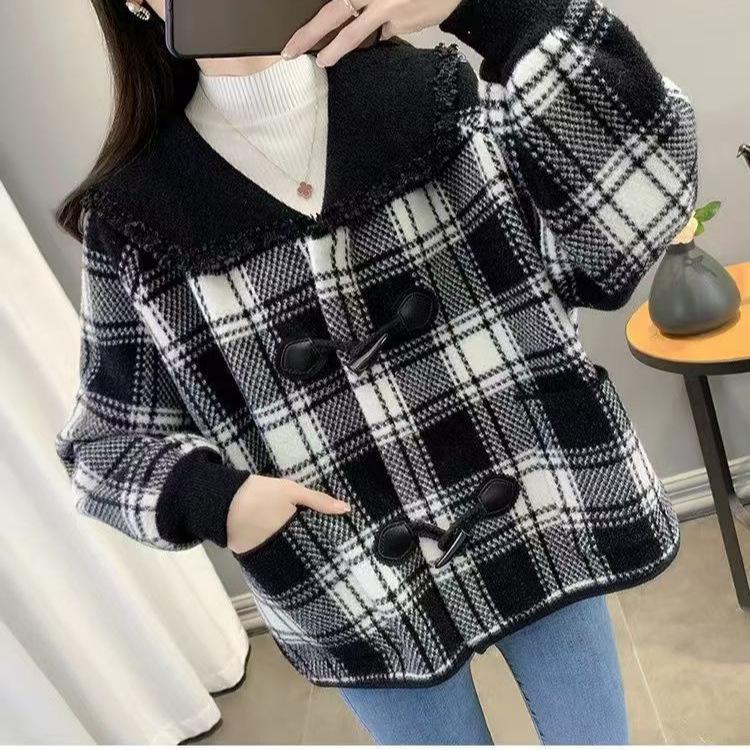 

Женская шерстяная вязаная куртка в клетку с роговыми пуговицами - мода осень/зима 3XL чёрный
