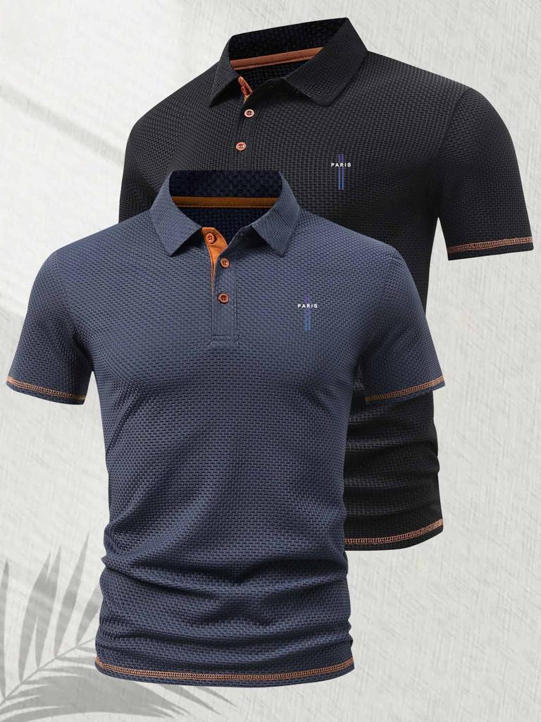 2 Pcs Men's Polo Shirts - Short Sleeve Casual Polo T Shirt Color Block & Stand Collar Slim Fit Golf Shirts