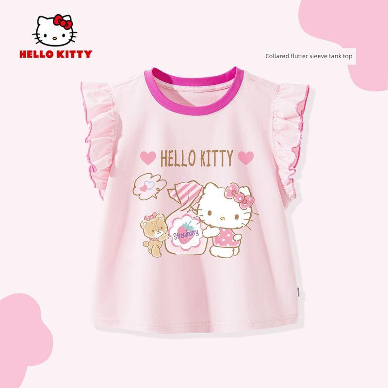Hello Kitty Girls  T-Shirt Summer 2025 New Pink Girls  Flutter Sleeve Top Pure Cotton Children s Summer Clothing T Candy Cream Powder 140