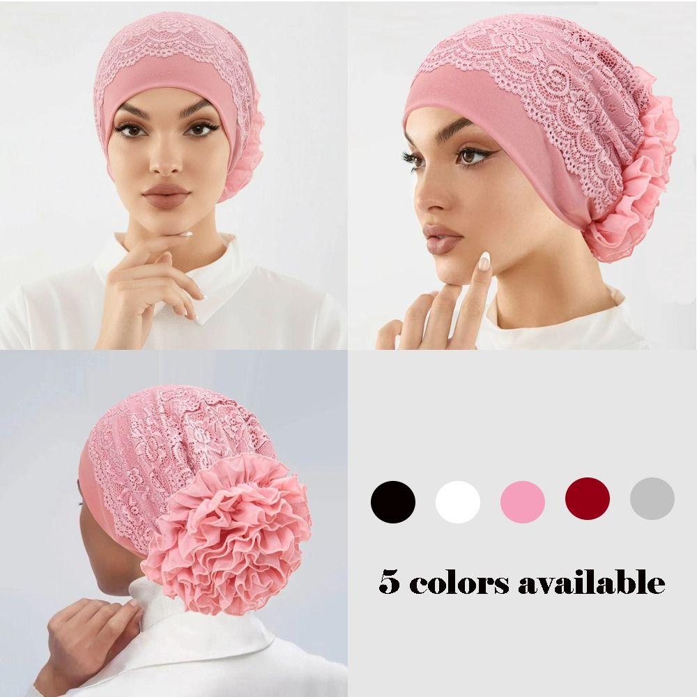 Elegant Headscarf Hat Lace Edge Women's Hijabs Flower Design Pullover Hat  Women Headwear