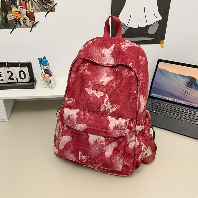 Women's Butterfly Printed Backpack Corduroy Student School Bag Large Capacity Class Backpack