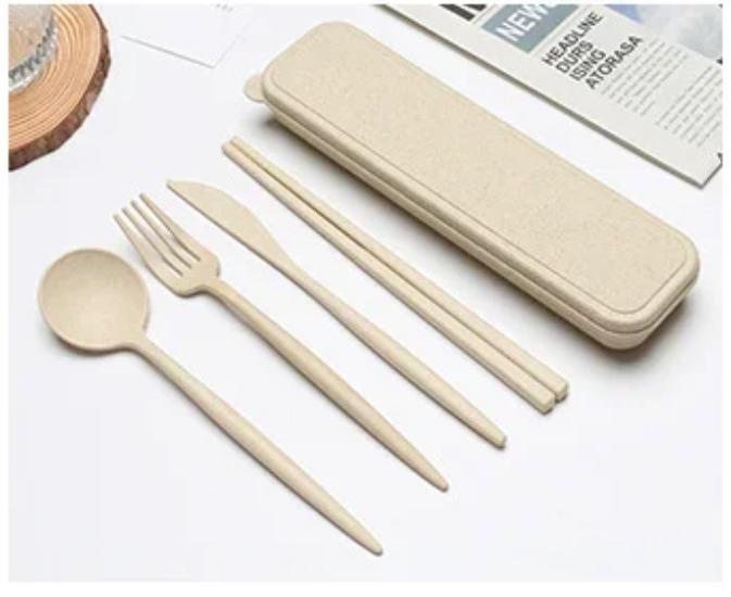 

Столовые приборы, столовая посуда, ложка, вилка, палочки для еды, безопасная пшеничная соломенная посуда с коробкой, портативная, для путешествий, кухонные принадлежности, 4 шт./набор