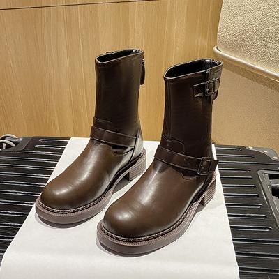 Rindsleder~ Maillard Stiefel Retro Leder Mittelstiefel Damen Gürtelschnalle Kurze Stiefel Dicksohlige Martin Stiefel Dünne Stiefel