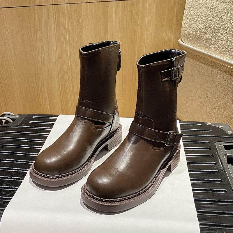 Cowhide~ Cowhide Fashion Boots Knight Short Boots Women's Autumn and Winter New Retro Mid-tube Western Cowboy Boots Martin Boots