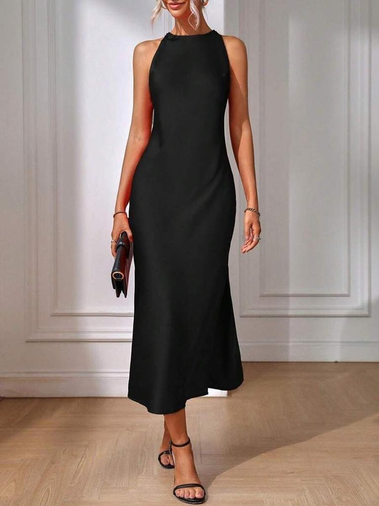 European & American Satin Sleeveless Silk-like Slit Dress for Women - Spring/Summer