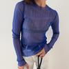 European and American style women's clothing summer new round neck long-sleeved mesh see-through T-shirt blue top slim and sexy style