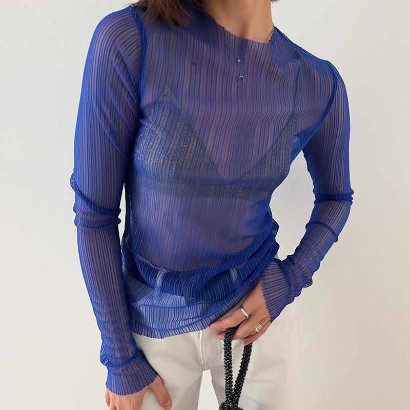 European and American style women's clothing summer new round neck long-sleeved mesh see-through T-shirt blue top slim and sexy style