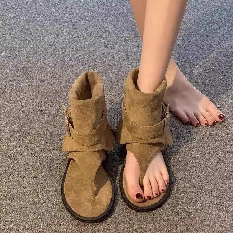 2025 Summer French Herringbone Toe Sandals Women's New Temperament Flat-bottomed Cool Boots Loose Sleeve Warehouse Tube Short Boots