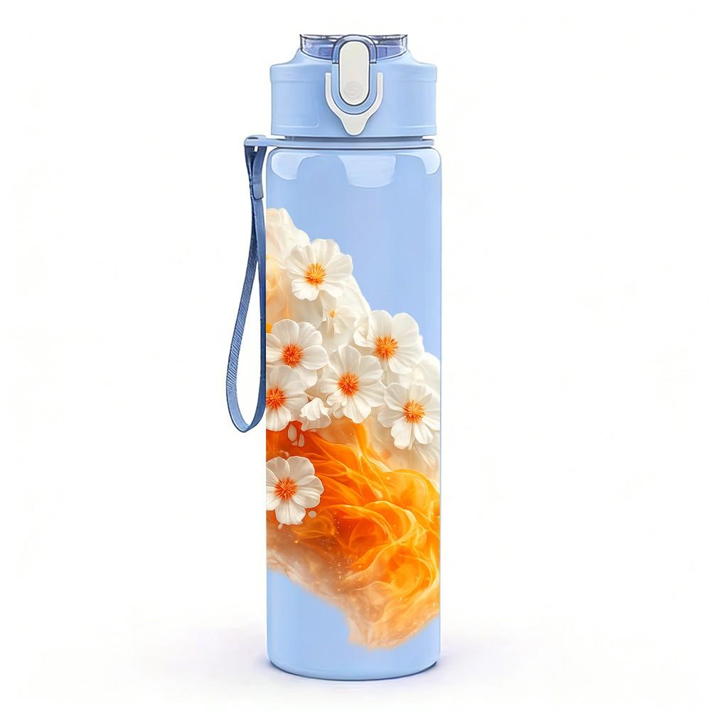 1PC Orange Tulip Flower Watercolor Print 750ml Color Plastic Sports Water Bottle Leakproof Flip Straw Lid Suitable for Sports Office Home Use