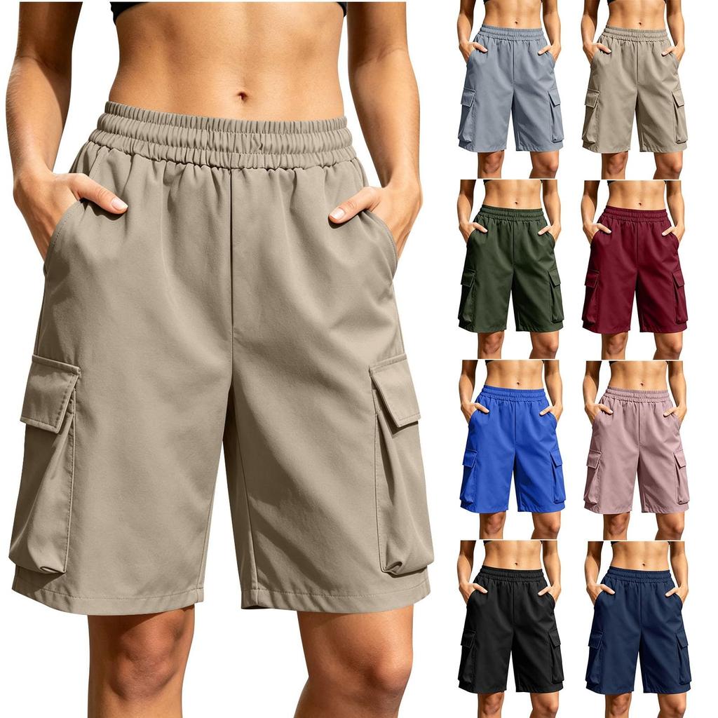Women Loose Fit Casual Work Shorts with Elastic Waistband and Multiple Pockets for Daily Wear Outdoor Activities