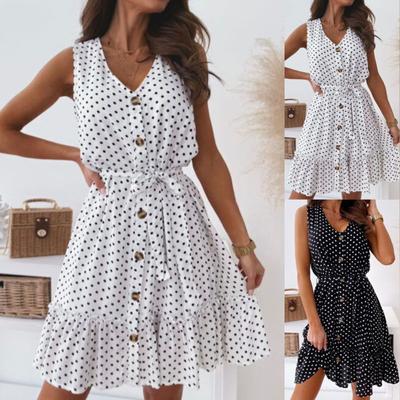 Summer Dress Sleeveless High Waist Female Ladies V Neck Loose Dress for Vacation