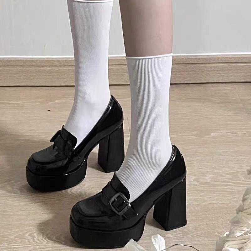 One word with square buckle small man height increase thick heel ballet single shoes women's spring French bow light mouth Mary Jane shoes